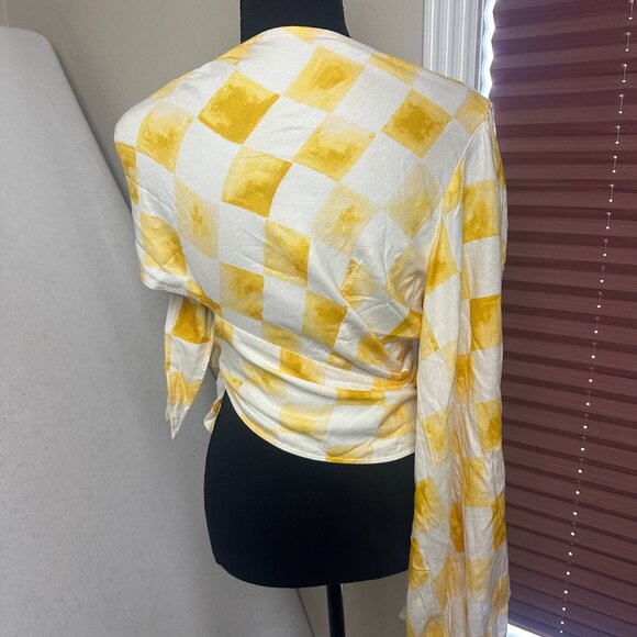 Jens Pirate Booty top shirt sz S‎ yellow check gingham one sleeve shoulder tie - Picture 6 of 9